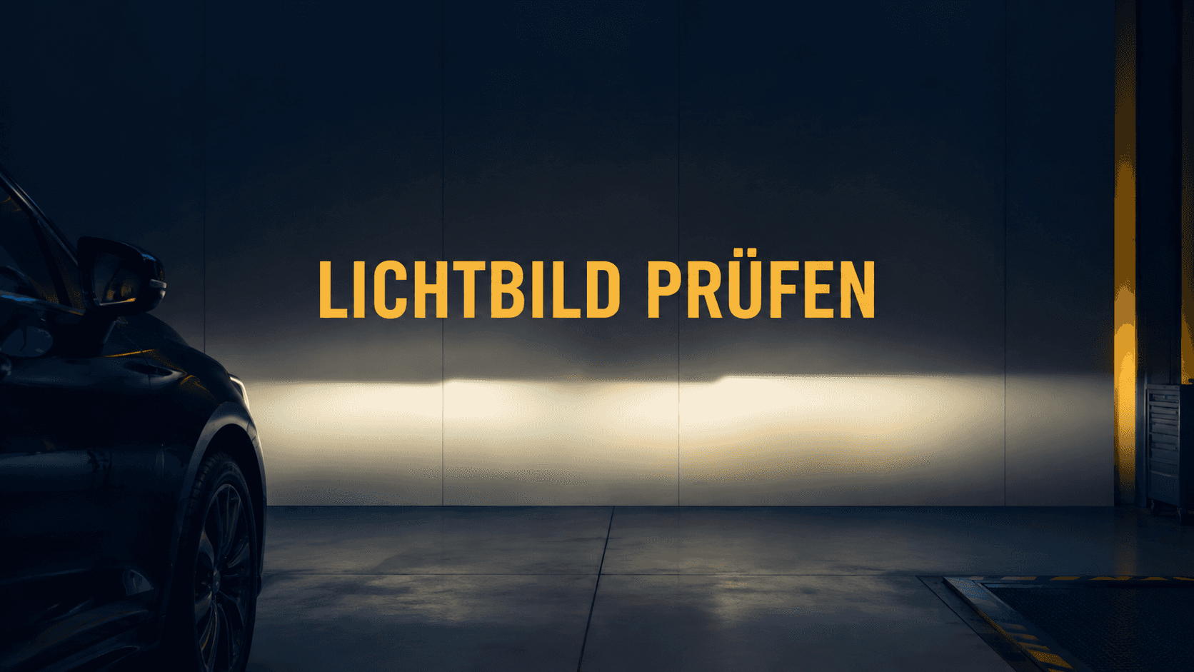 Abblendlicht eines Autos mit sichtbarer Hell-Dunkel-Grenze an einer Prüfwand