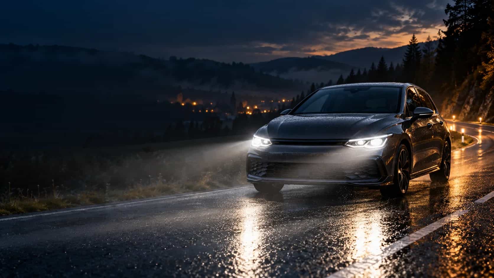 Modernes Auto mit eingeschaltetem Licht auf einer regennassen Straße