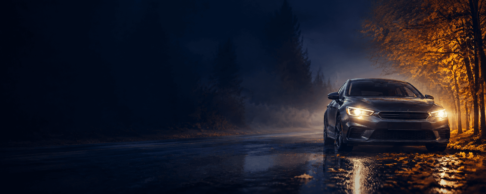 Auto mit eingeschalteten Scheinwerfern auf einer herbstlichen Straße in der Dämmerung