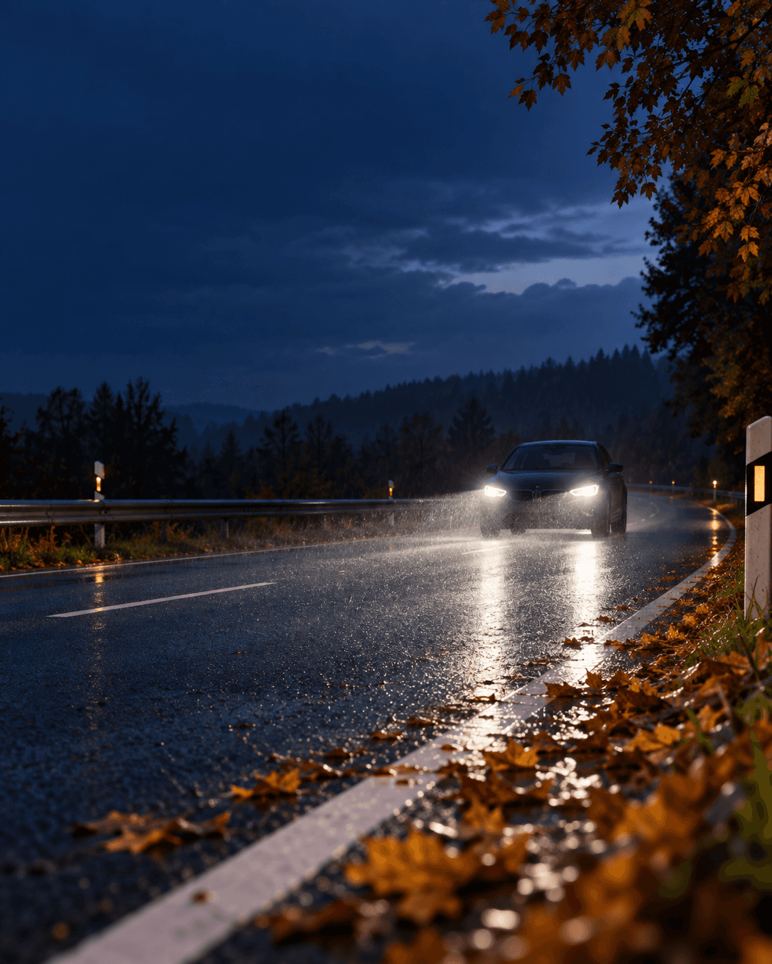 Auto mit eingeschalteten Scheinwerfern auf einer herbstlichen Straße bei Dämmerung