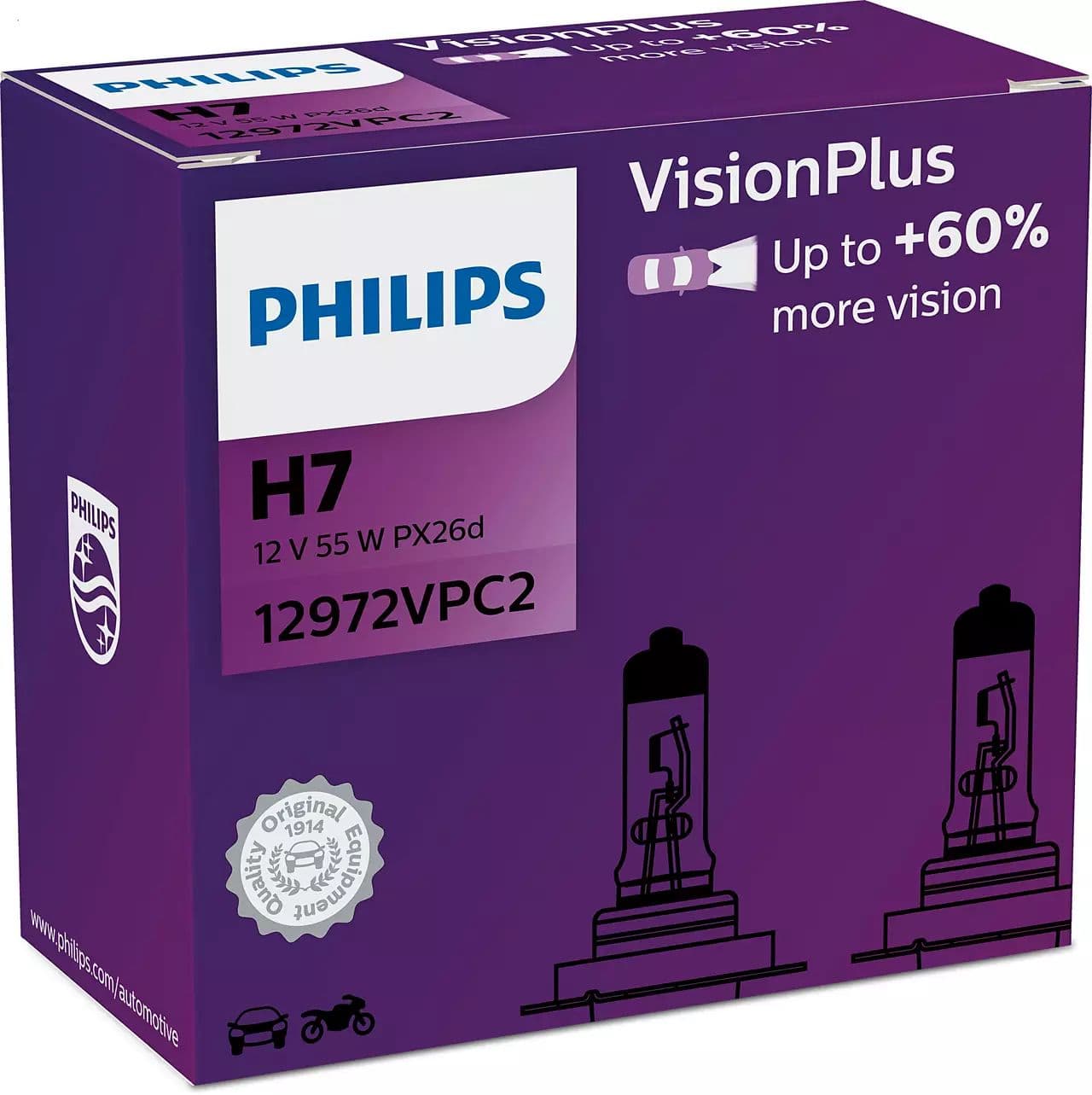 H7 12V 55W PX26d Vision Plus +60% 2 St. Philips