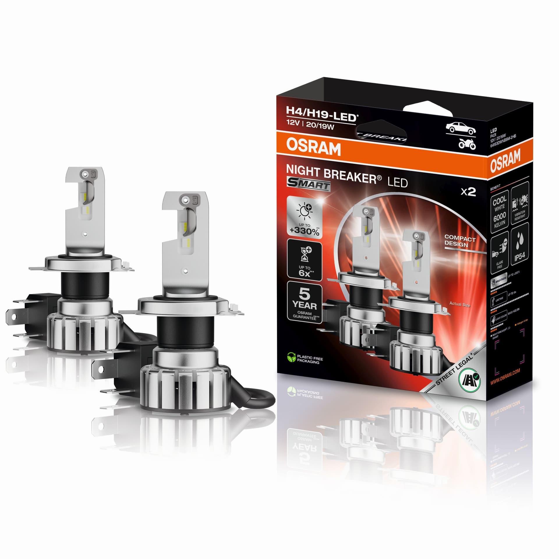 H4/H19 NIGHT BREAKER LED SMART +330% StVZO-Konforme LED 2 St. OSRAM