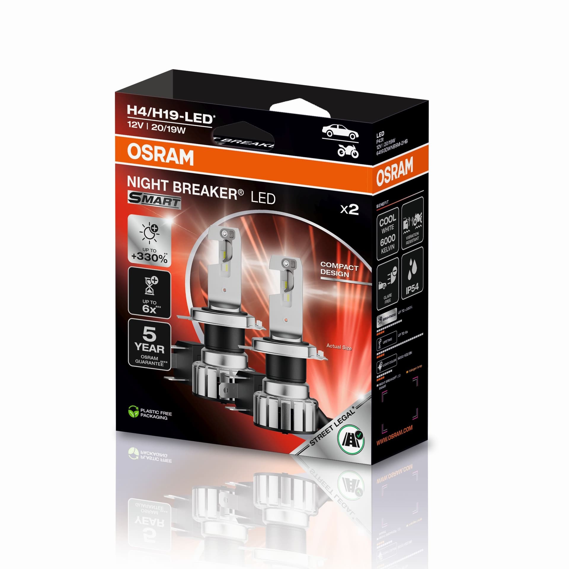 H4/H19 NIGHT BREAKER LED SMART +330% StVZO-Konforme LED 2 St. OSRAM