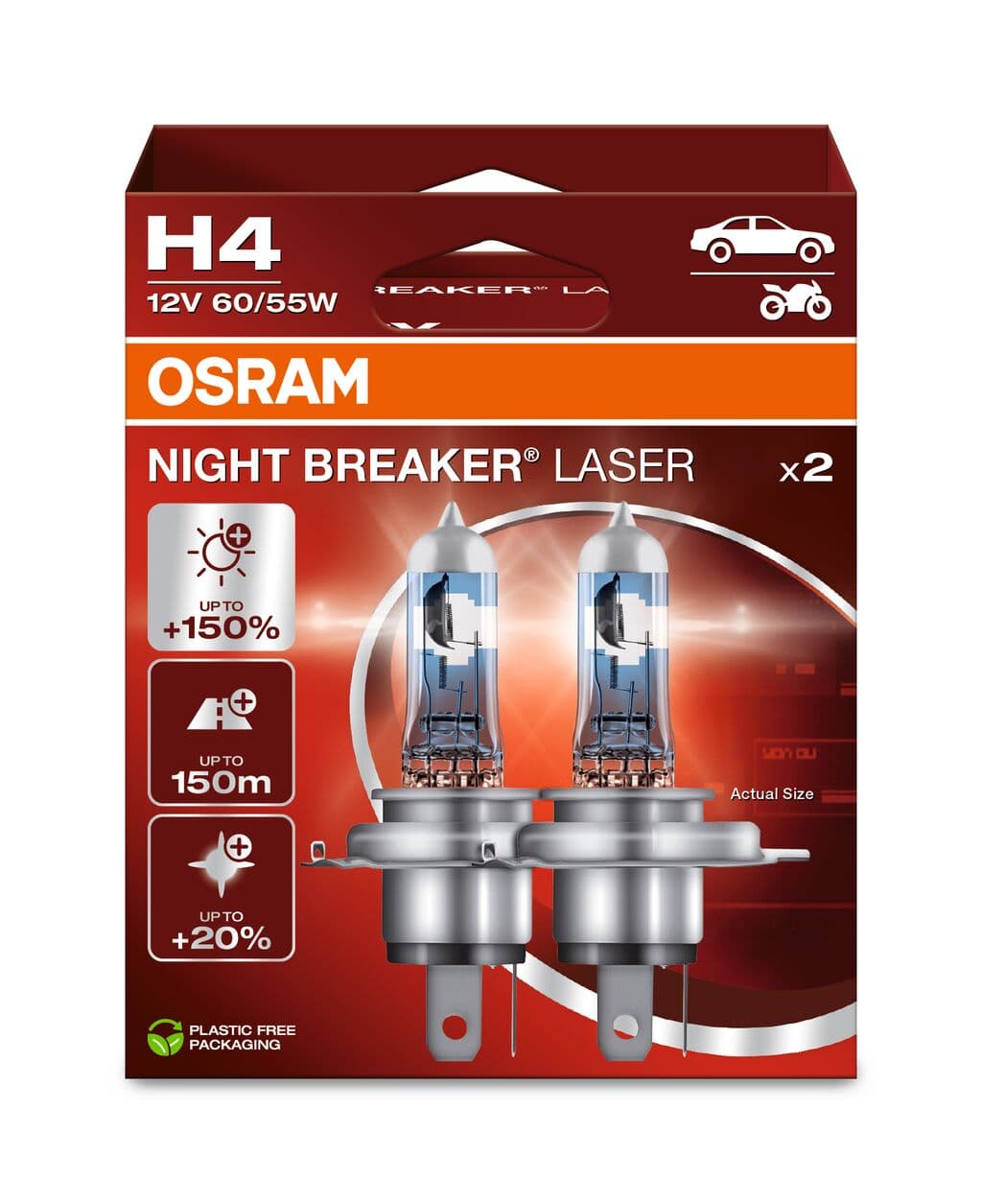 H4 12V 60/55W P43t NIGHT BREAKER® LASER +150% mehr Helligkeit 2 St. OSRAM
