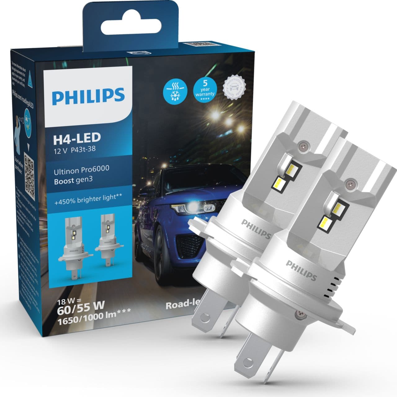 H4 LED H4 12V/24 18W Ultinon Pro6000 Boost Gen3 +450% mit Straßenzul. 2 St. Philips