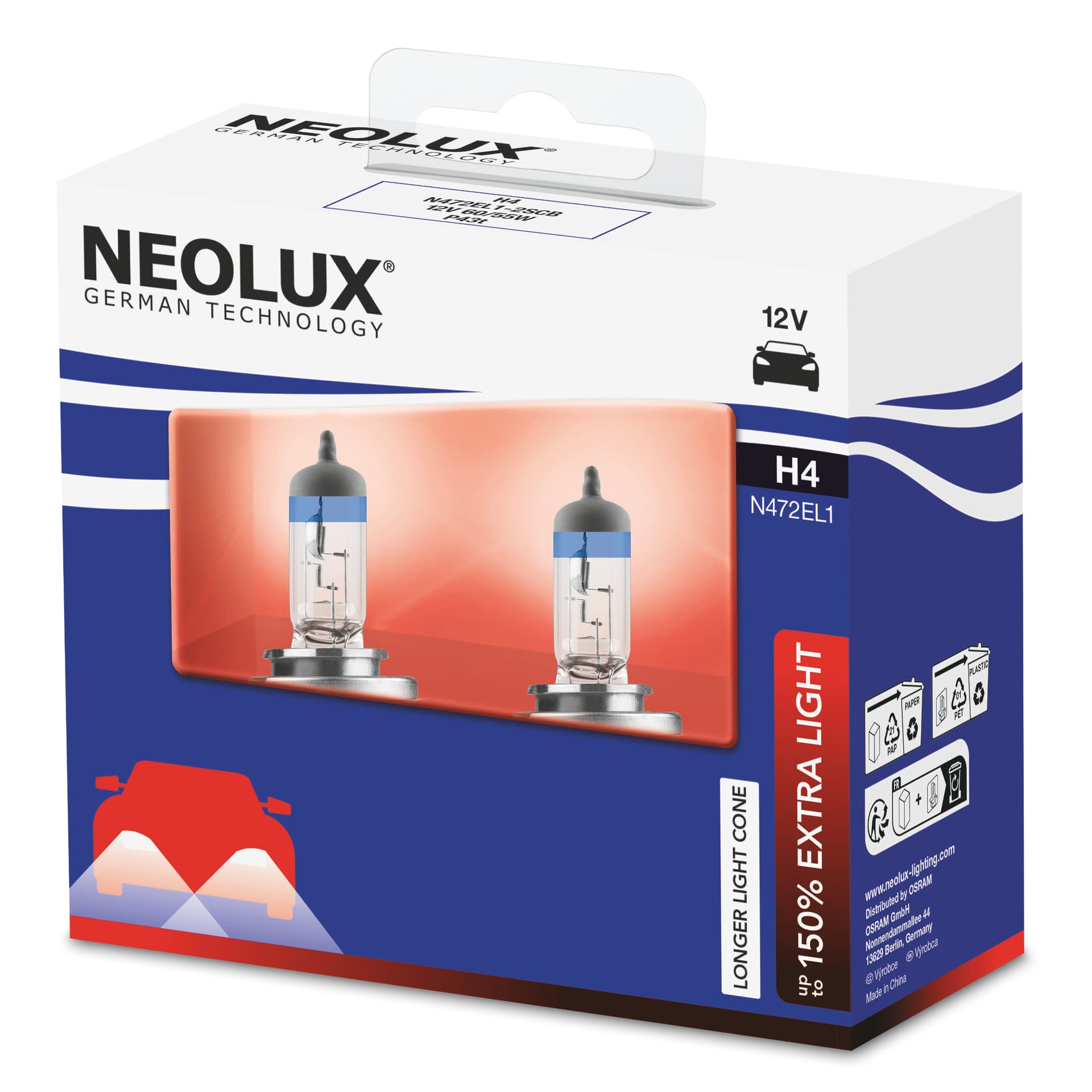 H4 12V 60/55W P43t Extra Light +150% 2 St. NEOLUX
