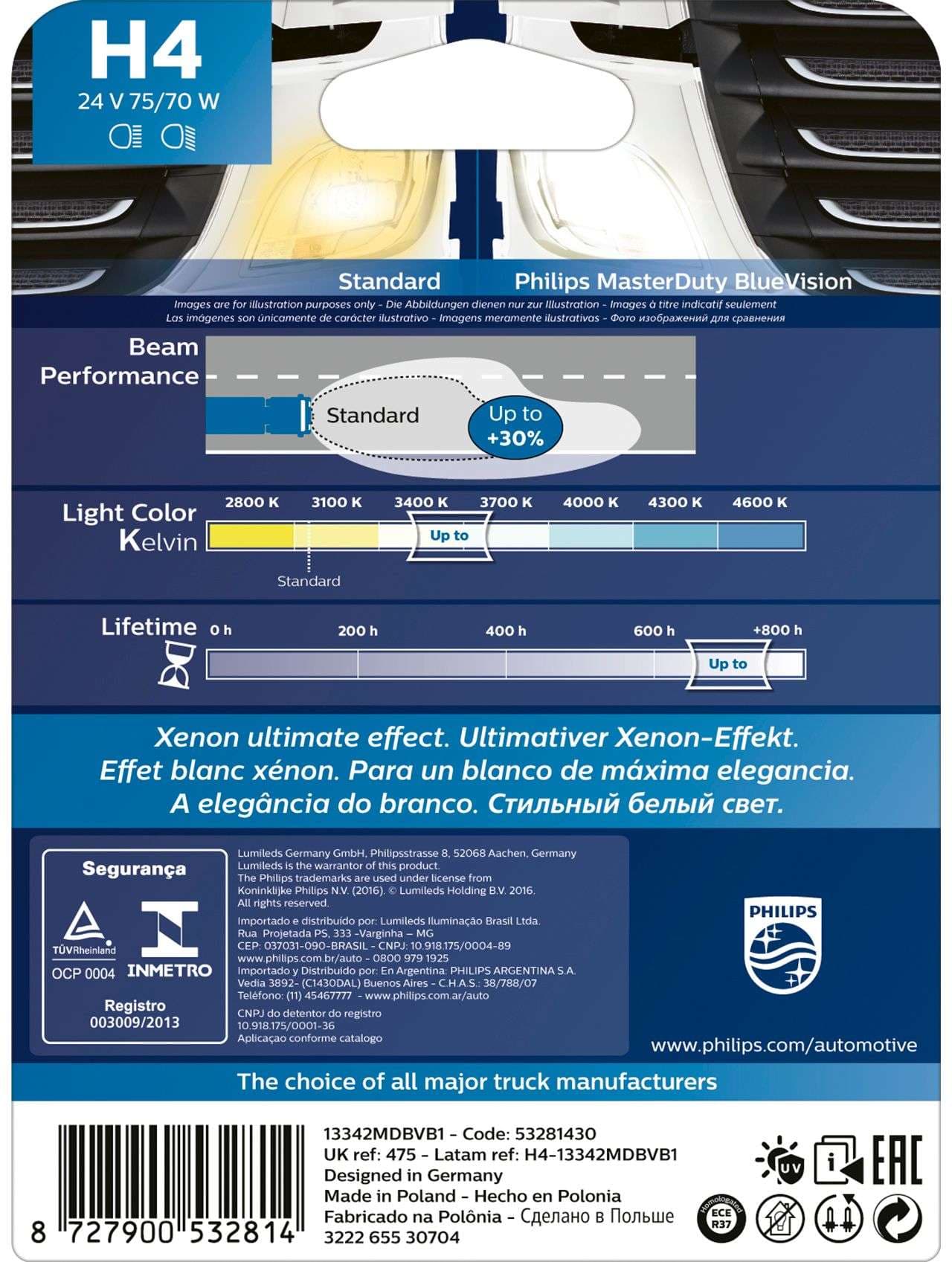 H4 24V 75/70W P43T 24V Halogen MasterDuty BlueVision 1 St. Philips
