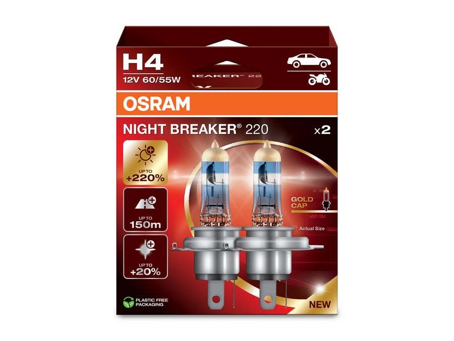 H4 Halogen-Scheinwerferlampe 12V 60/55W P43t NIGHT BREAKER® 220 +220% 2 St. OSRAM