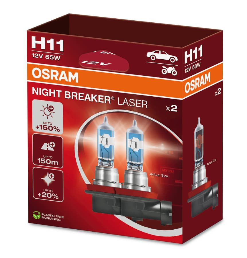 H11 Halogen-Scheinwerferlampe 12V 55W PGJ19-2 NIGHT BREAKER® LASER +150% mehr Helligkeit 2 St. OSRAM