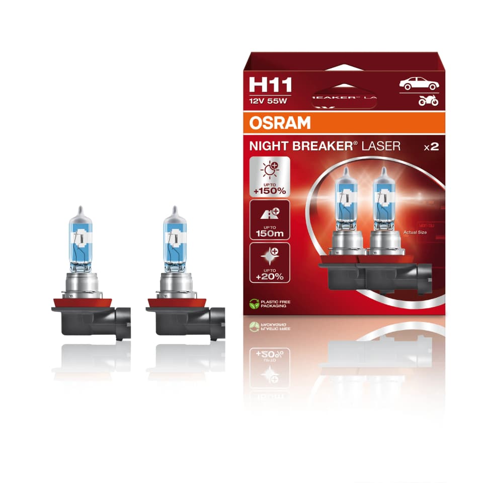 H11 Halogen-Scheinwerferlampe 12V 55W PGJ19-2 NIGHT BREAKER® LASER +150% mehr Helligkeit 2 St. OSRAM