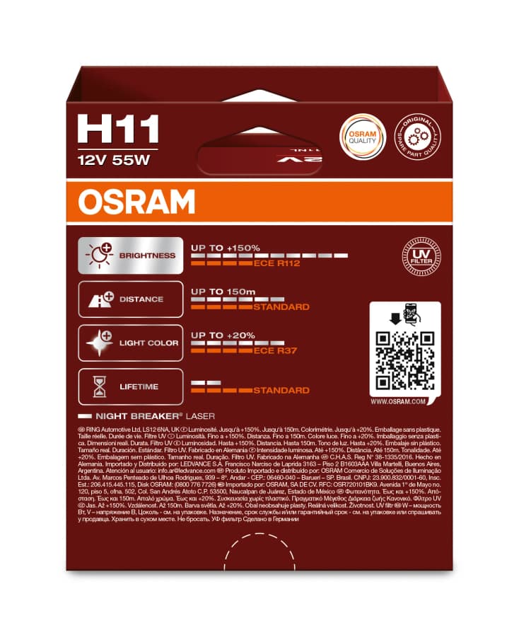 H11 Halogen-Scheinwerferlampe 12V 55W PGJ19-2 NIGHT BREAKER® LASER +150% mehr Helligkeit 2 St. OSRAM