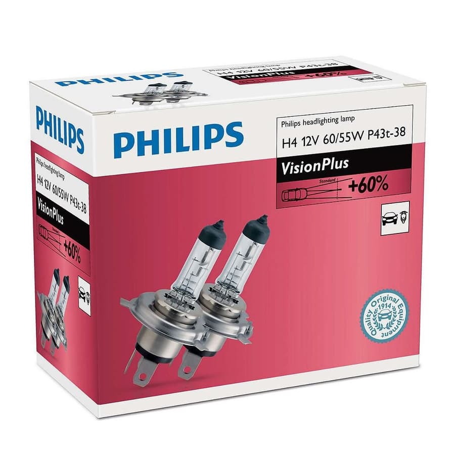 H4 Halogen-Scheinwerferlampe 12V 60/55W P43t Vision Plus +60% 2 St. Philips