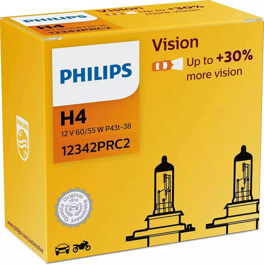 H4 Halogen-Scheinwerferlampe 12V 60/55W P43t Vision +30% 2 St. Philips