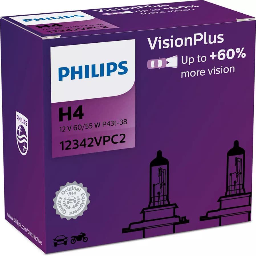 H4 Halogen-Scheinwerferlampe 12V 60/55W P43t Vision Plus +60% 2 St. Philips