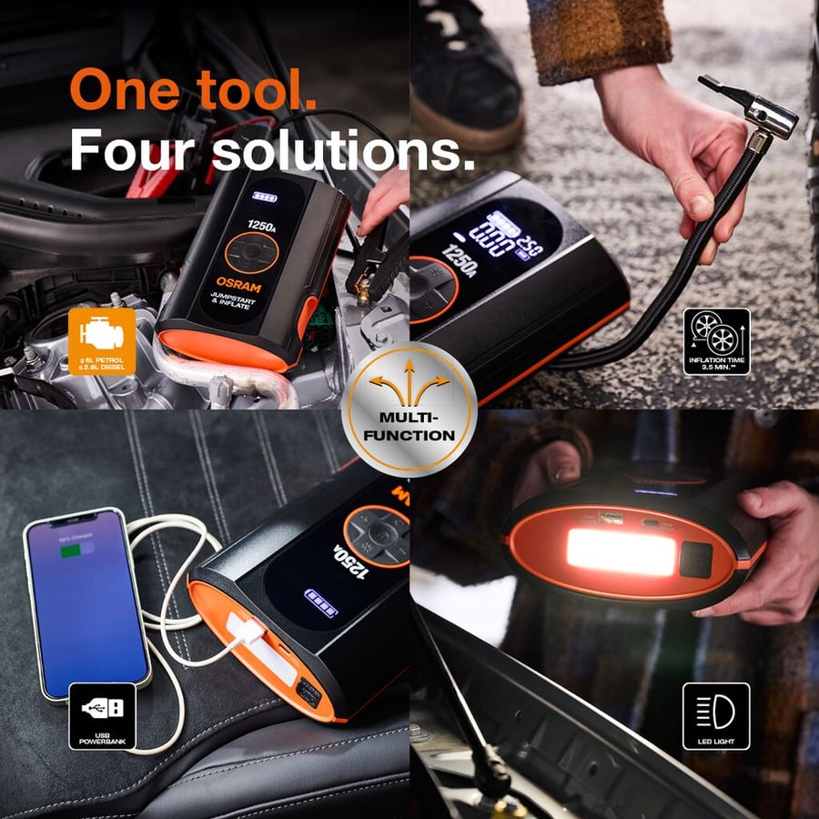 OSRAM BATTERYjumpstart 1250A mit Reifenfüller 12-V-Starthilfegerät, 1250 A – OJSTI030