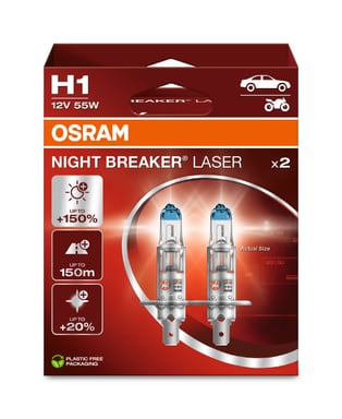 H1 Motorrad-Scheinwerferlampe 12V 55W P14.5s NIGHT BREAKER® LASER +150% mehr Helligkeit 2 St. OSRAM