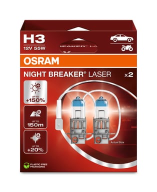 H3 Halogen-Scheinwerferlampe 12V 55W PK22s NIGHT BREAKER® LASER +150% mehr Helligkeit 2 St. OSRAM
