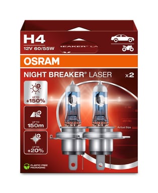 H4 Motorrad-Scheinwerferlampe 12V 60/55W P43t NIGHT BREAKER® LASER +150% mehr Helligkeit 2 St. OSRAM