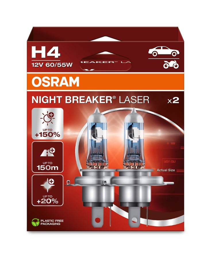 H4 Halogen-Scheinwerferlampe 12V 60/55W P43t NIGHT BREAKER® LASER +150% mehr Helligkeit 2 St. OSRAM
