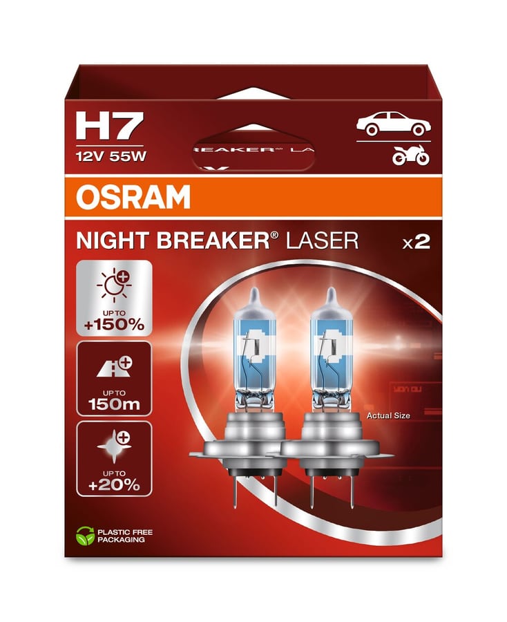 H7 Halogen-Scheinwerferlampe 12V 55W PX26d NIGHT BREAKER® LASER +150% mehr Helligkeit 2 St. OSRAM