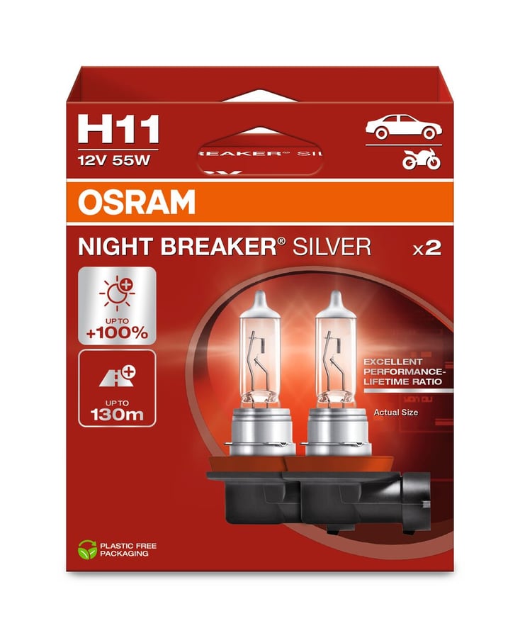 H11 Halogen-Scheinwerferlampe 12V 55W PGJ19-2 NIGHT BREAKER® SILVER +100% 2 St. OSRAM