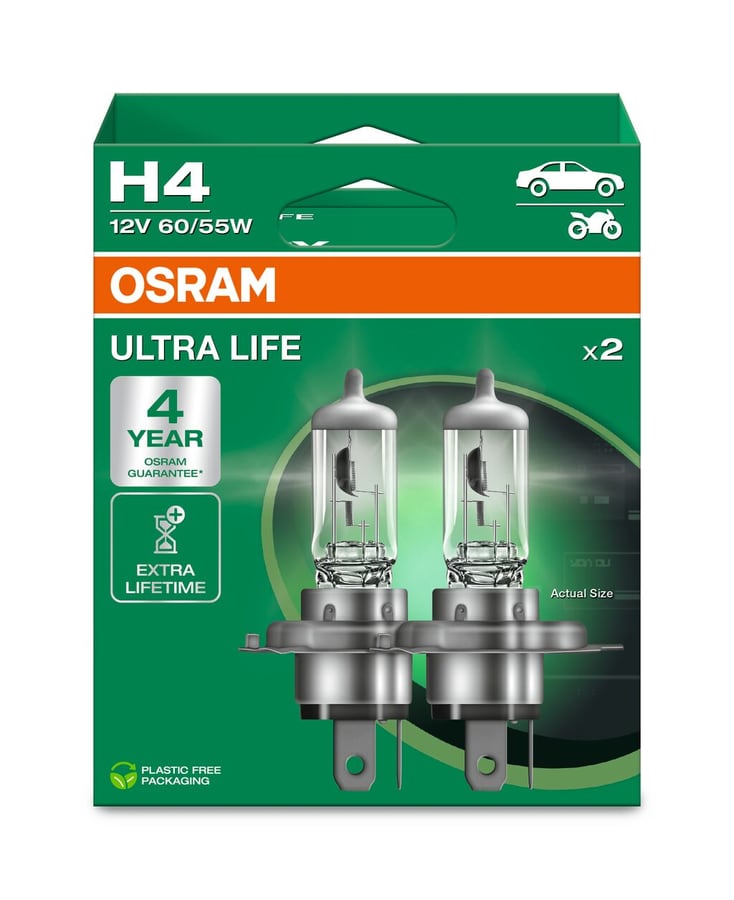 H4 Halogen-Scheinwerferlampe 12V 60/55W P43t ULTRA LIFE 4 Jahre Garantie 2 St. OSRAM