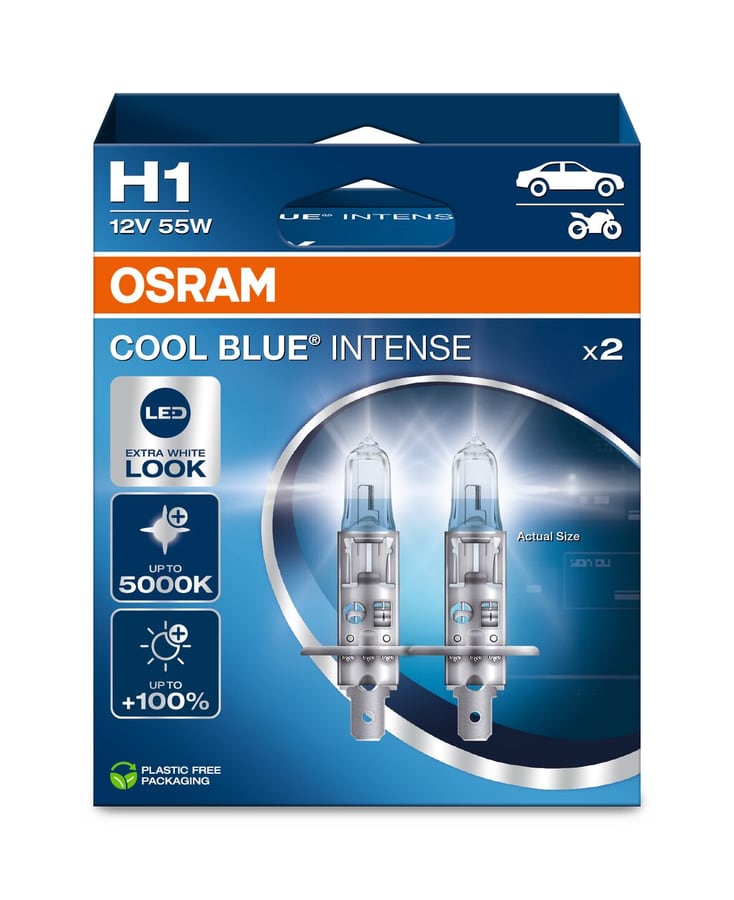 H1 Halogen-Scheinwerferlampe 12V 55W P14.5s Cool Blue INTENSE NextGen. 5000K +100% Duo 2 St. OSRAM
