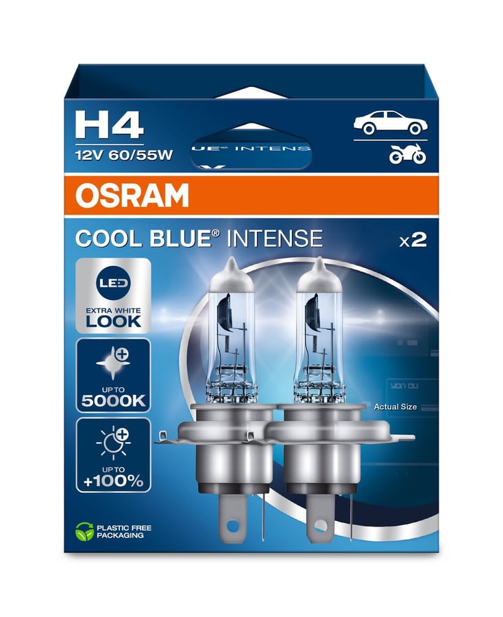 H4 Halogen-Scheinwerferlampe 12V 60/55W P43t Cool Blue INTENSE NextGen. 5000K +100% Duo 2 St. OSRAM