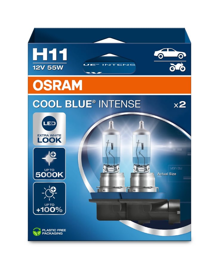 H11 Halogen-Scheinwerferlampe 12V 55W PGJ19-2 Cool Blue INTENSE NextGen. 5000K +100% Duo 2 St. OSRAM