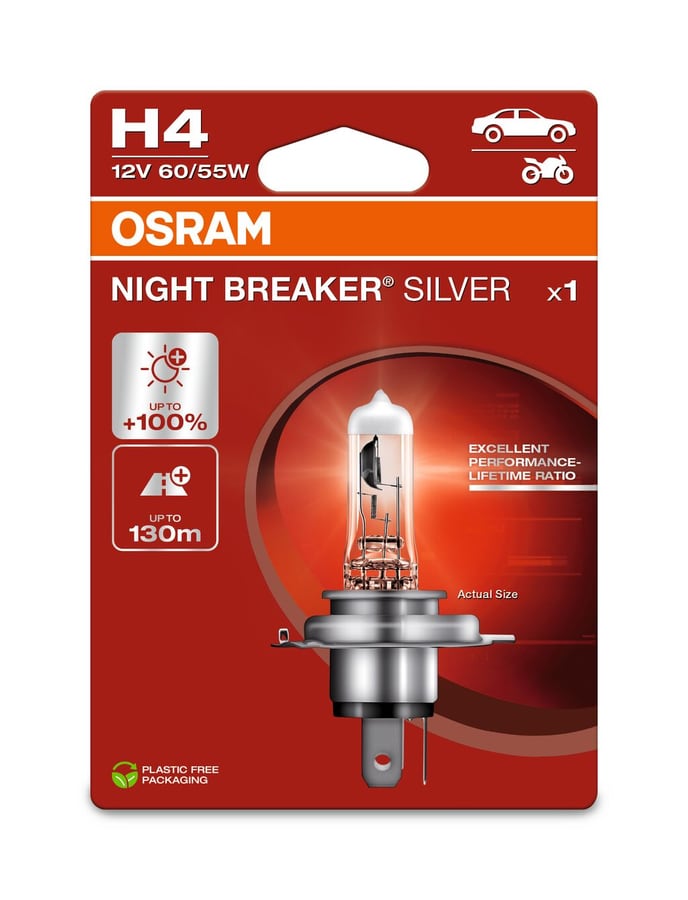 H4 Halogen-Scheinwerferlampe 12V 60/55W P43t NIGHT BREAKER® SILVER +100% 1 St. OSRAM