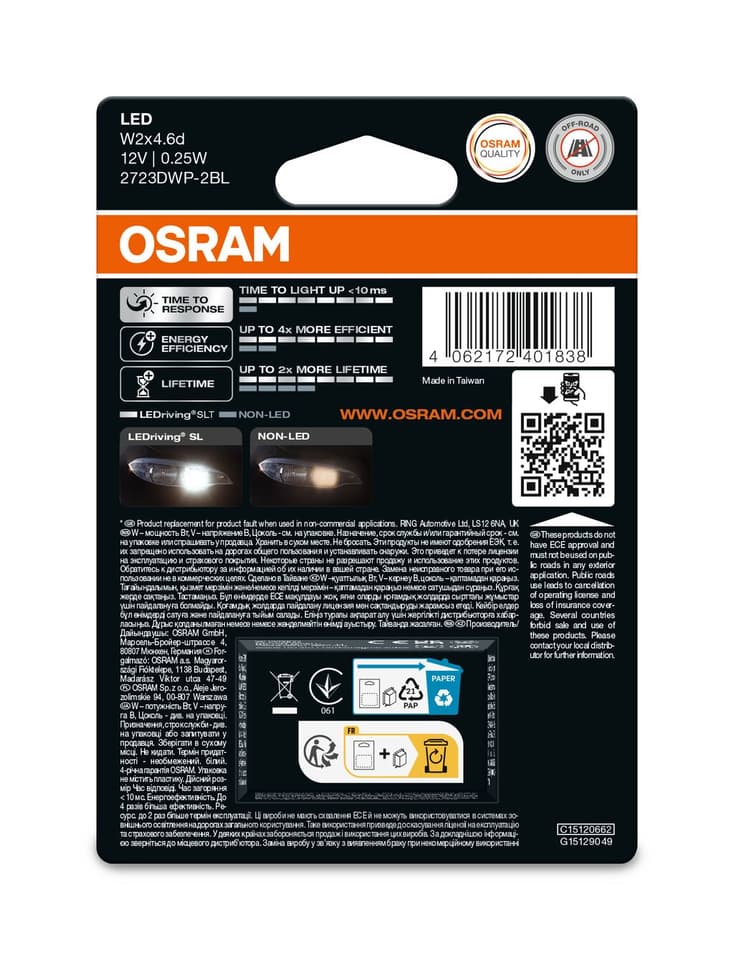 W2,3W LED-Signallampe Offroad – LEDriving® SL ~W2.3W W2x4.6d 0.25W 12V 6000K 25 lm White 2 St. OSRAM