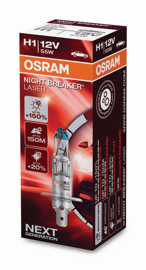 H1 Halogen-Scheinwerferlampe 12V 55W P14.5s NIGHT BREAKER® LASER +150% mehr Helligkeit 1 St. OSRAM
