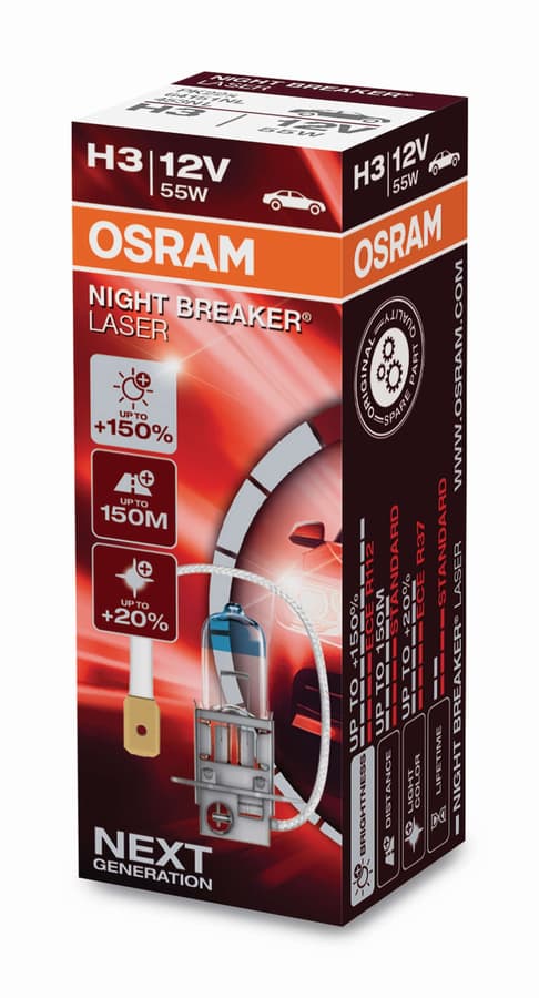 H3 Halogen-Scheinwerferlampe 12V 55W PK22s NIGHT BREAKER® LASER +150% mehr Helligkeit 1 St. OSRAM